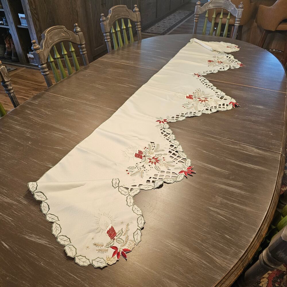 Holiday Fireplace Decor-Embroidered Poinsettias, Candles and Holly Berries 47x20